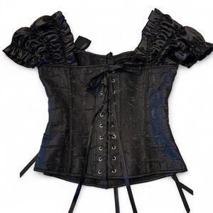 Luxurious Vintage-Inspired Gothic Corset Top – Satin Sleeves, Embroidered Detail